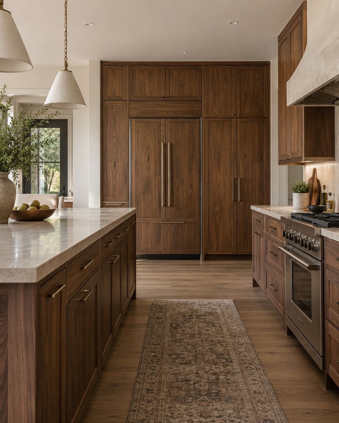 Walnut kitchen cabinetry with full-height paneled pantry doors, a stone-topped island and integrated appliance panels, manufactured and installed by TIVANI Signature LLC.