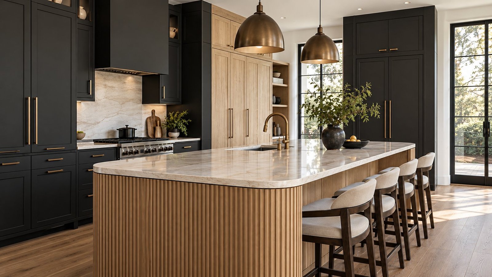 Black painted kitchen with a fluted light oak island, stone countertop and full-height oak pantry cabinetry, manufactured and installed by TIVANI Signature LLC.