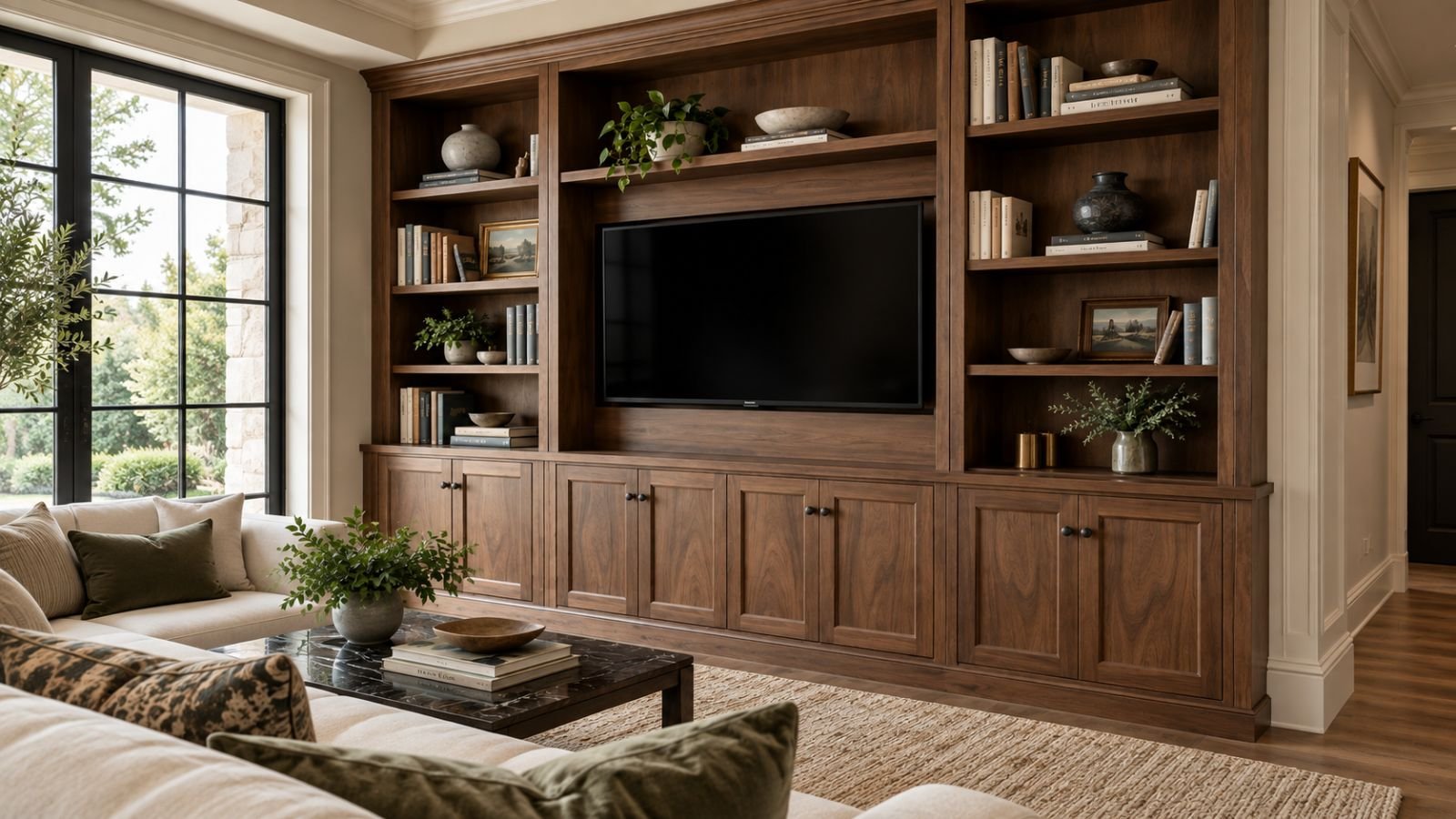 Walnut built-in media wall with open display shelving and paneled base cabinets, manufactured and installed by TIVANI Signature LLC.
