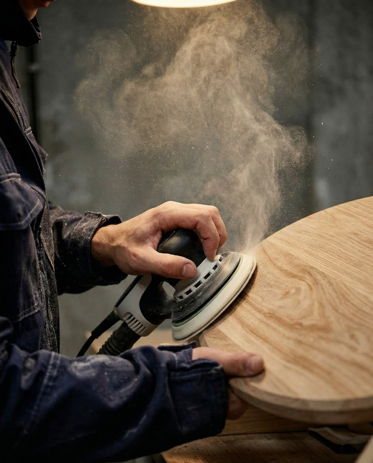 A craftsperson sanding a solid wood top in the TIVANI Signature production facility.